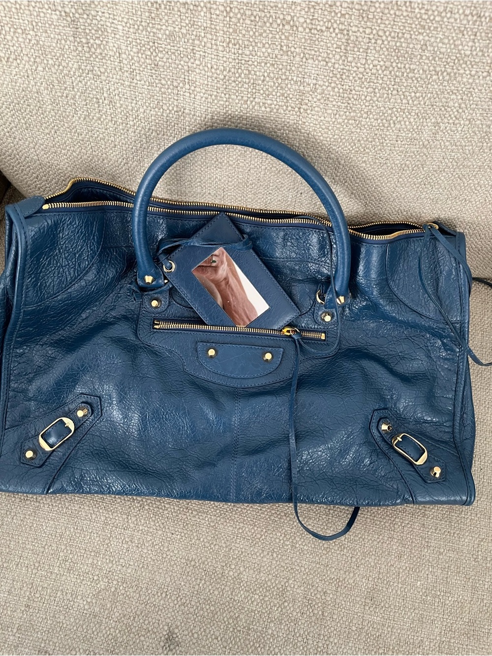 Paris Classic Deep Blue Leather Tote with Gold Hardware